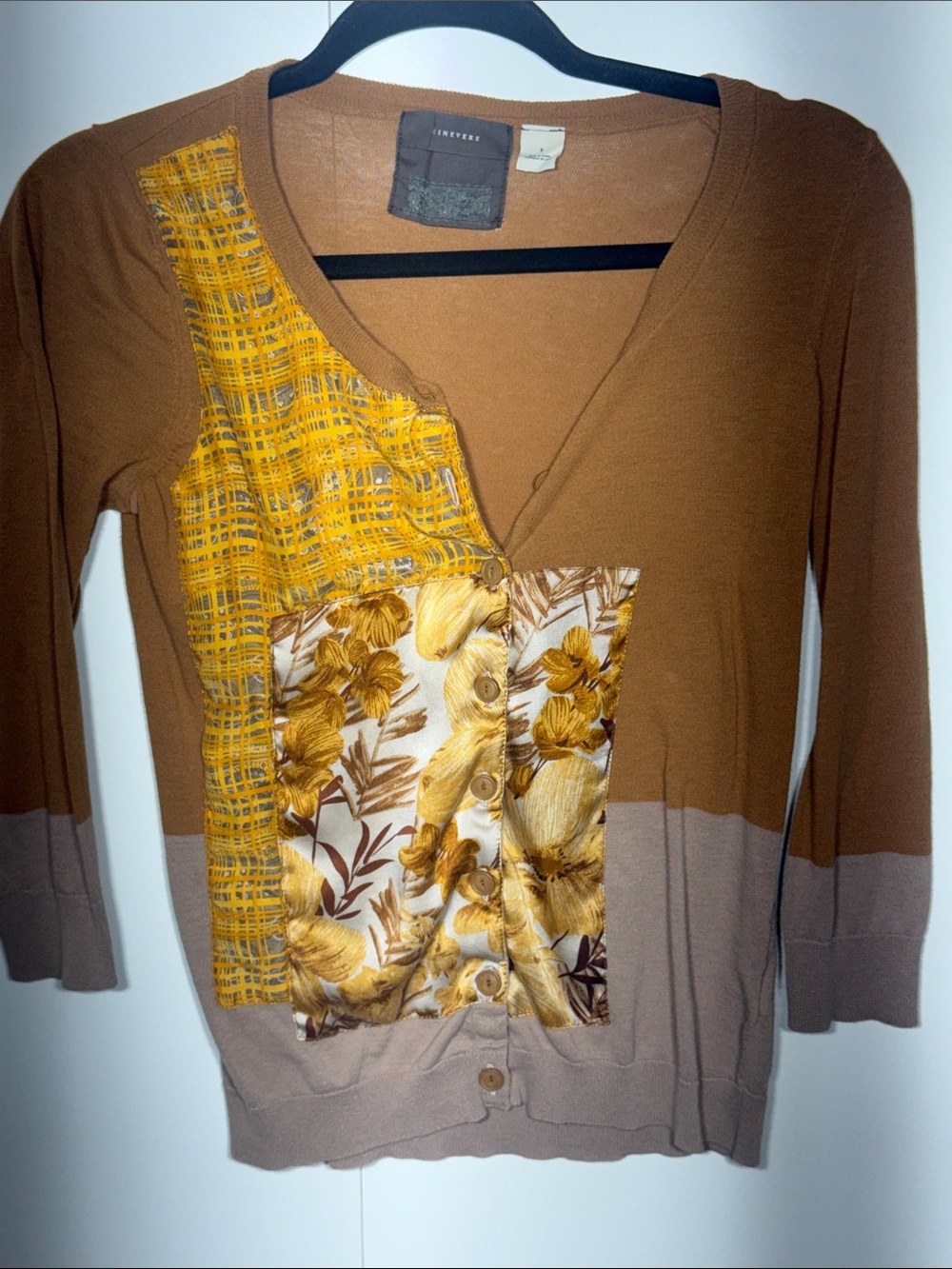 Women's Brown & Mustard Patchwork V‑Neck Cardigan